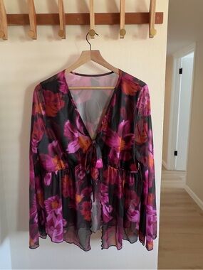 SHEIN Black Sheer Floral Tie-Front Blouse with Pink and Red Blooms Flare Sleeves